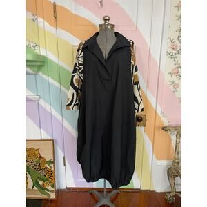 Alembika Black Cocoon Dress Size 12 Cotton Floral Sleeves Made in Israel